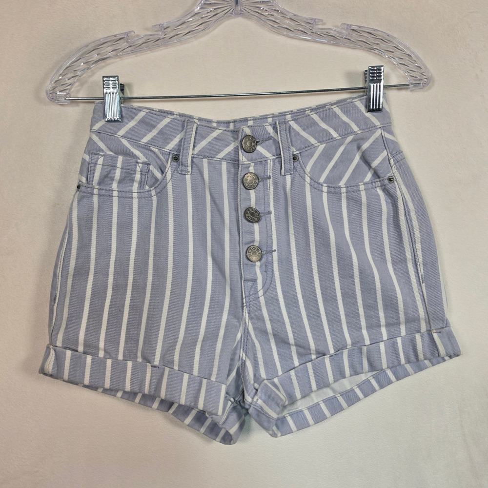 BDG Super High Rise Foxy Shorts Women's 24 Blue White Striped Button Fly Cuffed - Picture 2 of 15
